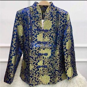 Elegant Women’s Blue and Gold Brocade Jacket